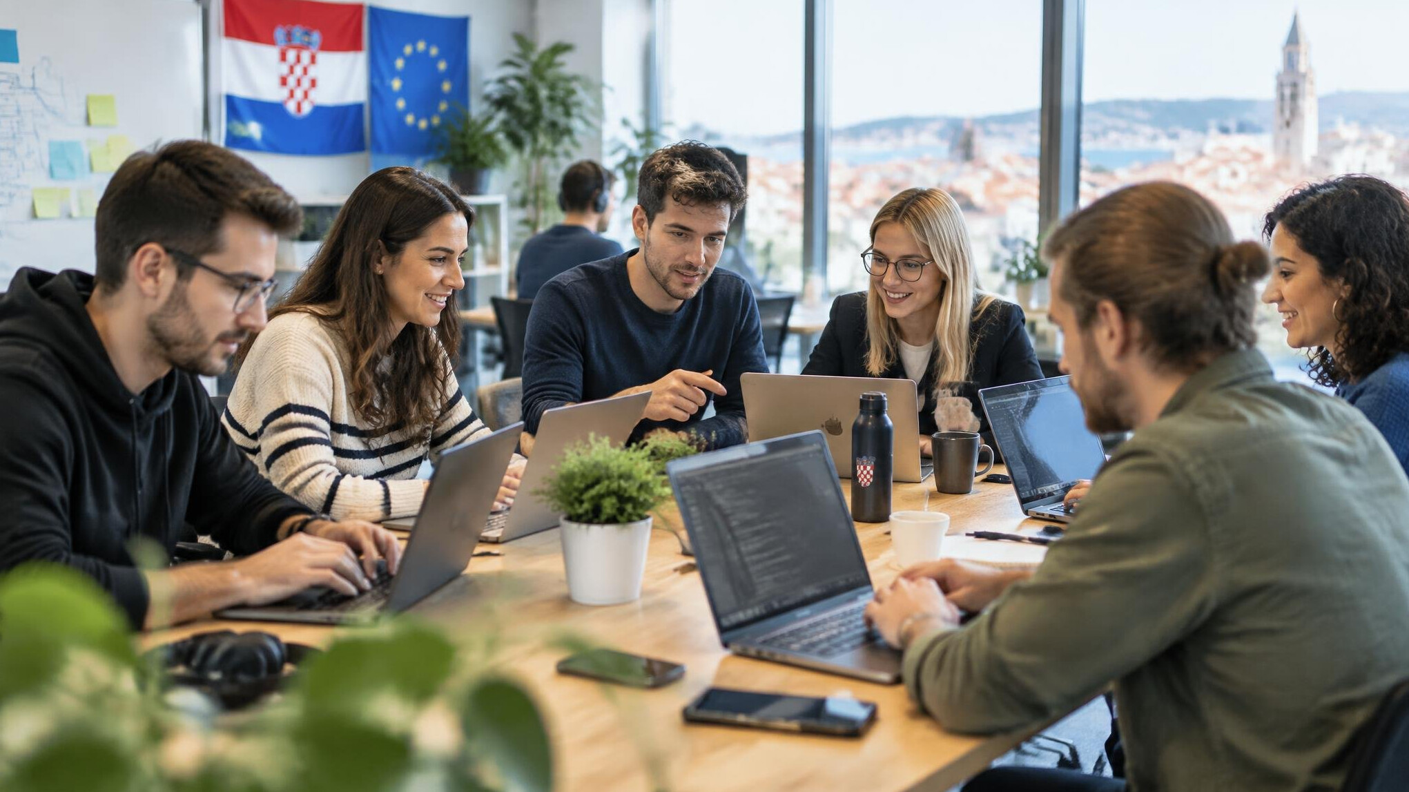 Group of developers working together on laptops in a bright modern office