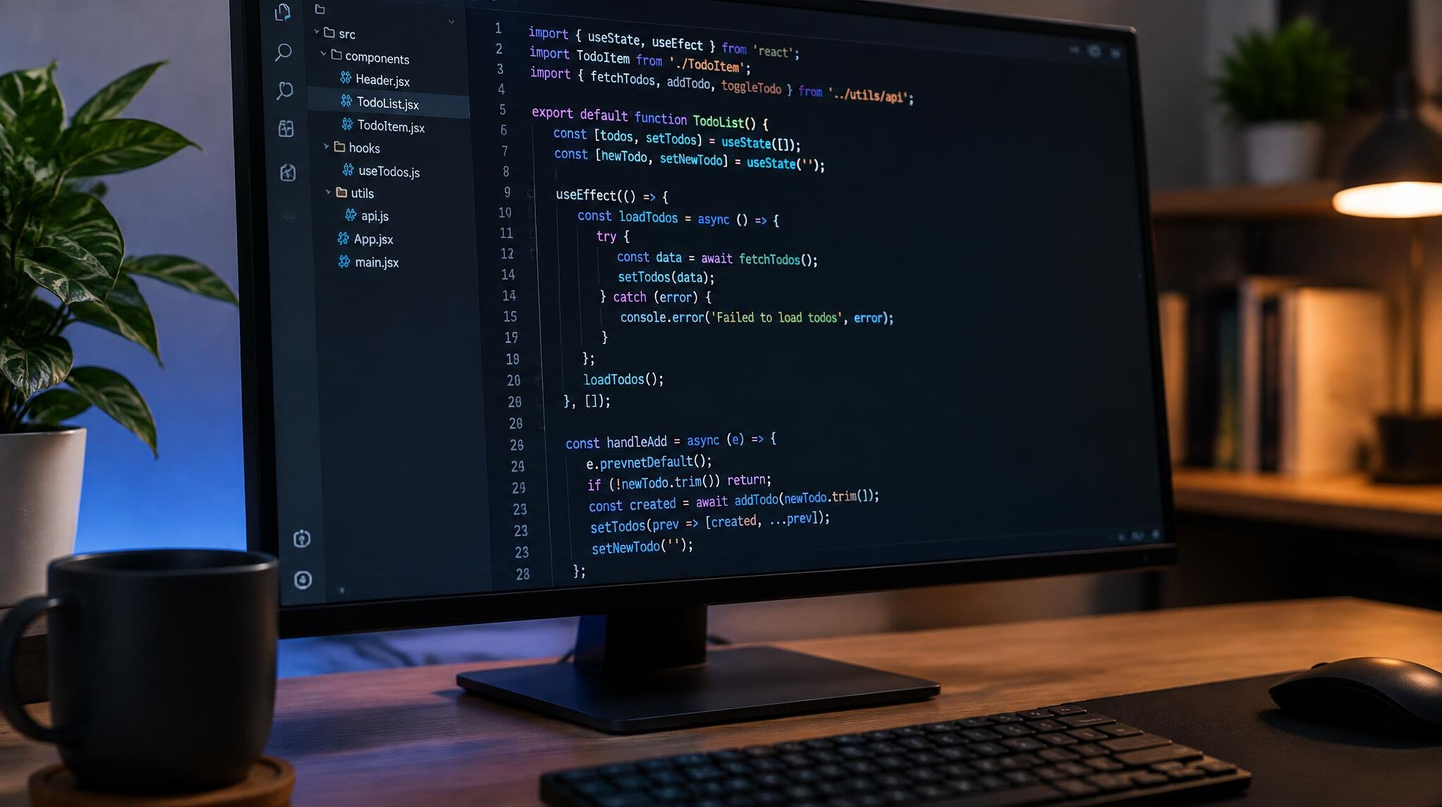 Monitor displaying lines of programming code on a desk