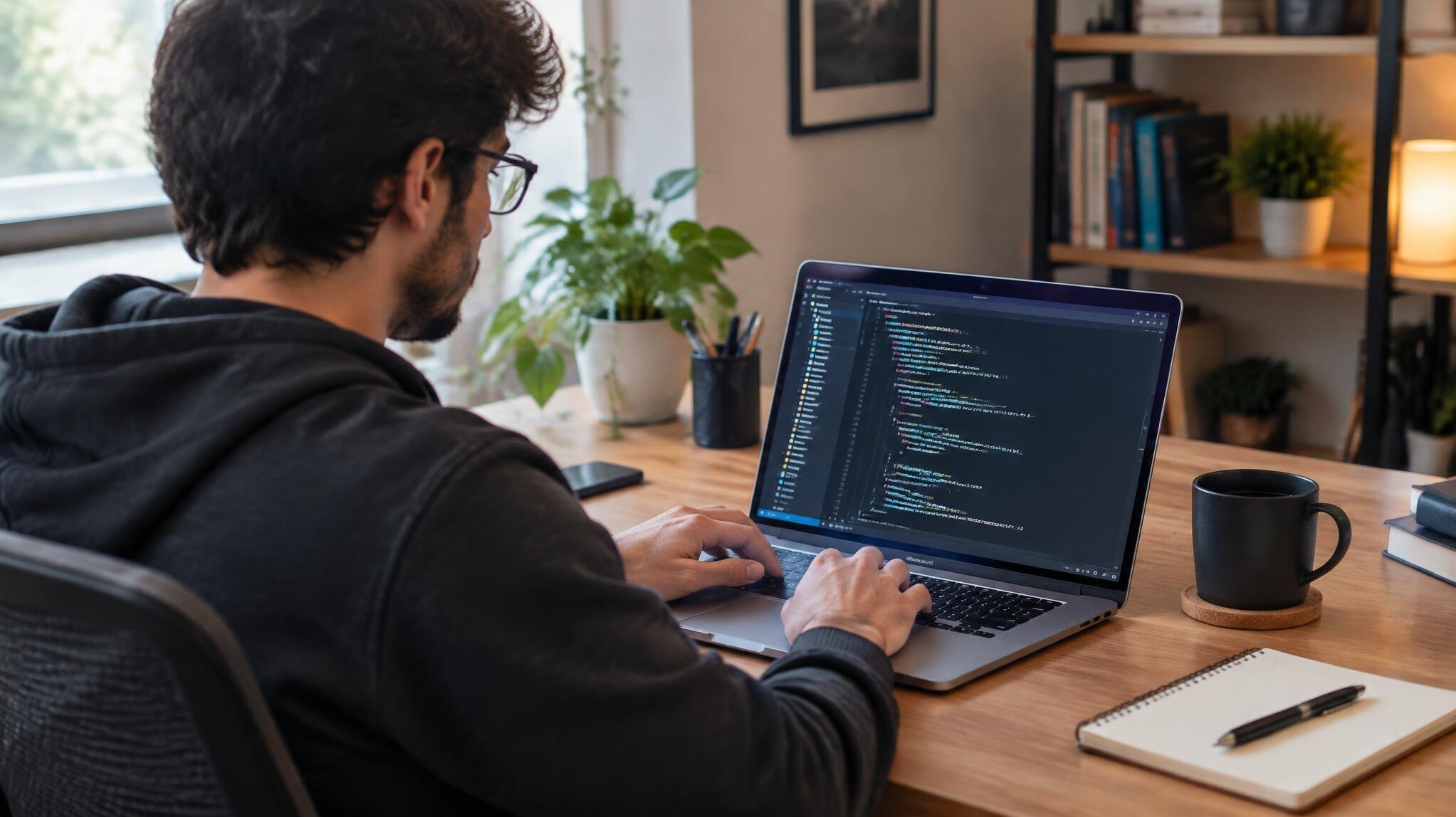 person coding on laptop at desk