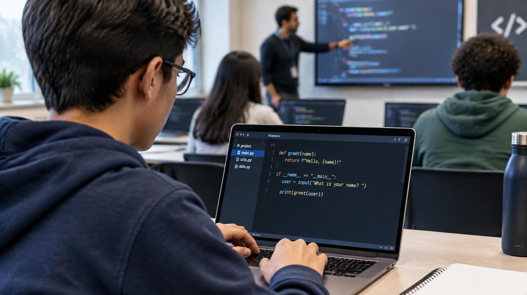student coding on laptop