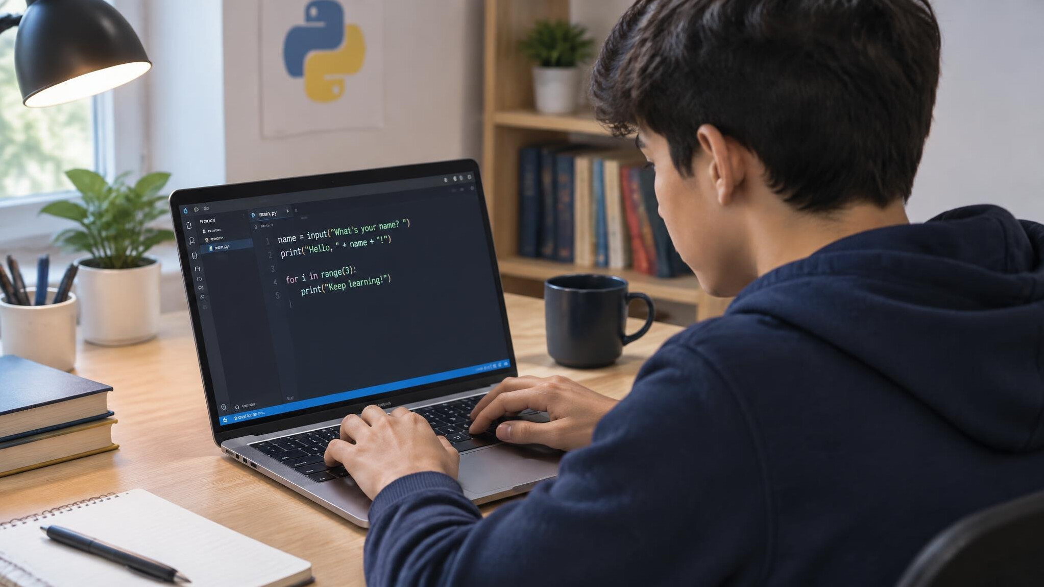 beginner typing code on laptop