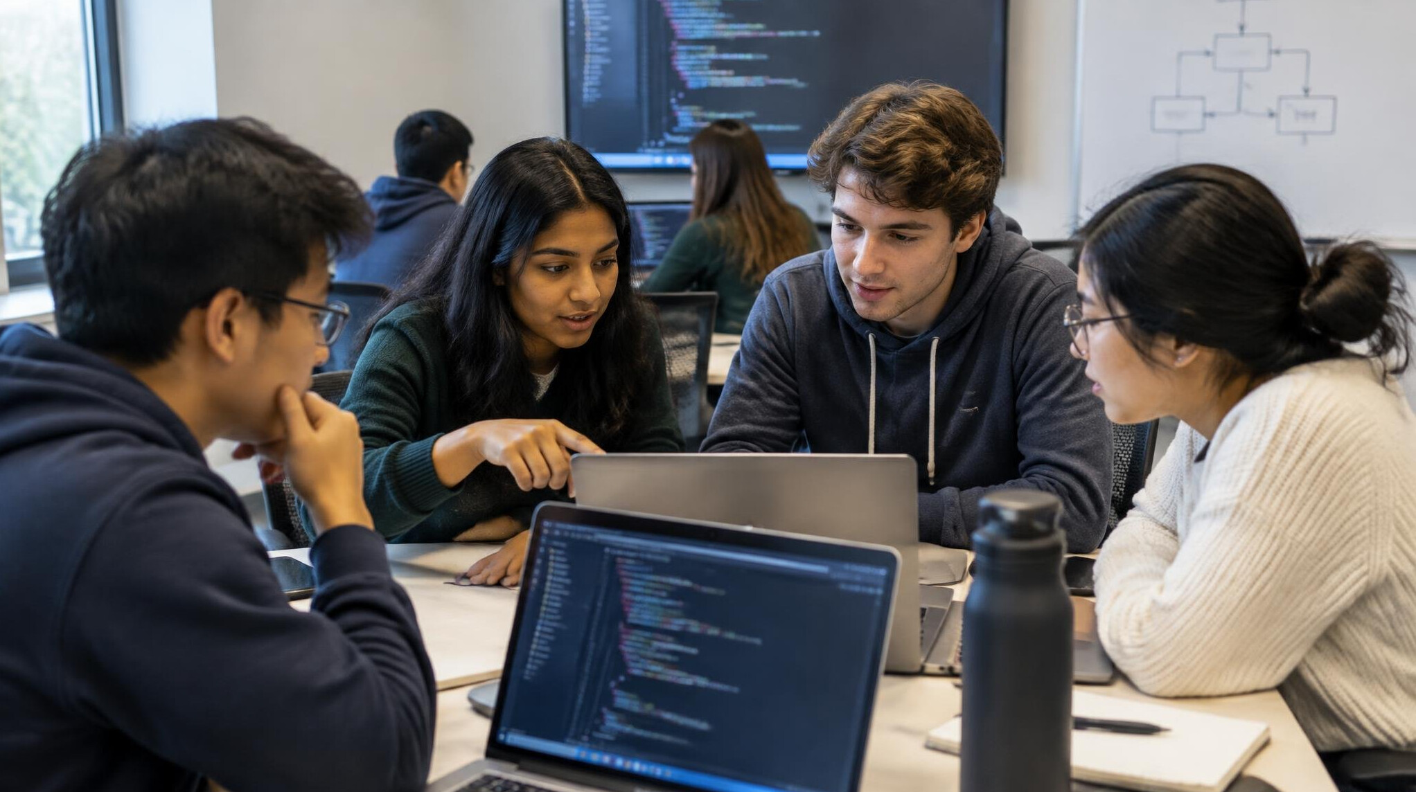 group of students coding together